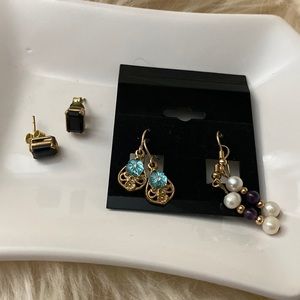 3 Pairs Semi-Precious/10K Gold Plated Earrings From India